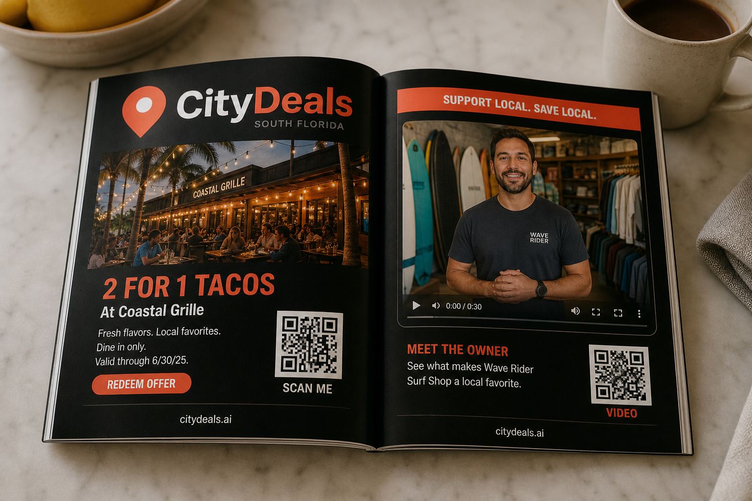 An open City Deals magazine showing VIDEO and DEAL codes