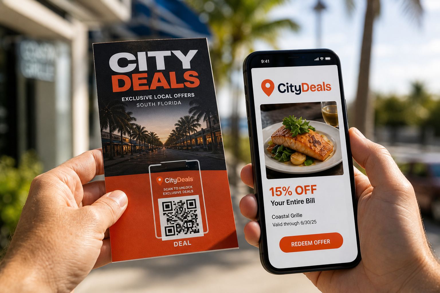 A phone camera pointed at VIDEO and DEAL codes on a City Deals page