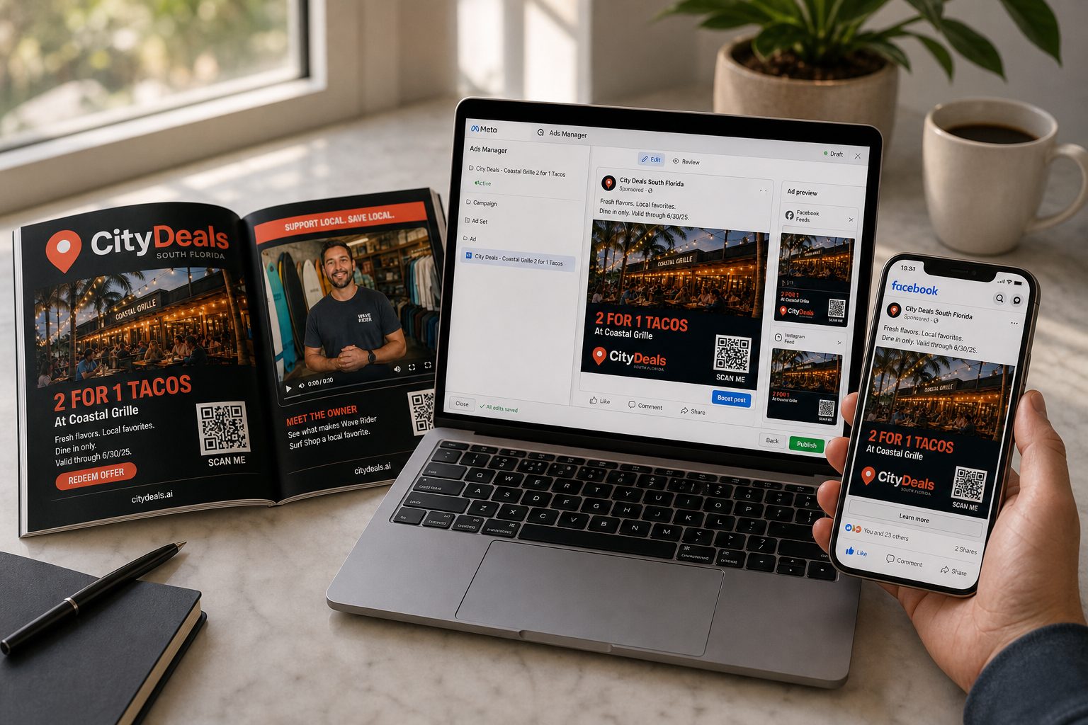 City Deals magazine, Facebook ads on a laptop, and the same offer on a phone