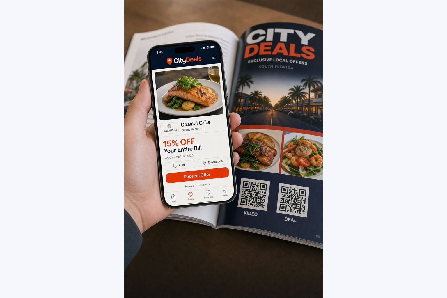 A phone showing a City Deals coupon next to the magazine