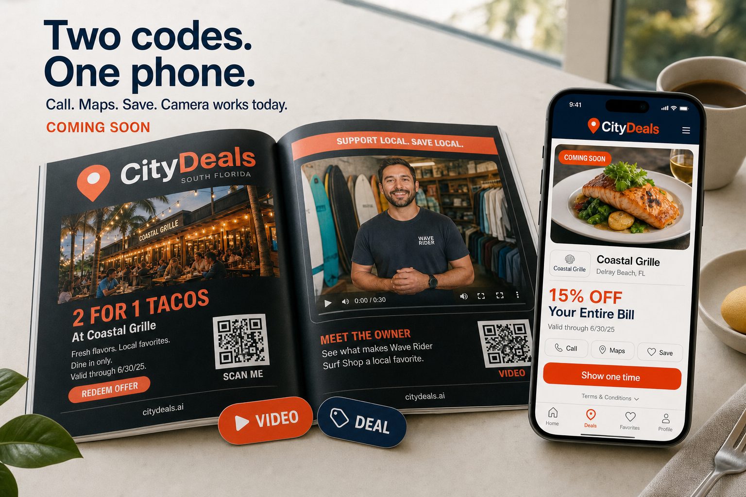 App Store cover: magazine with VIDEO and DEAL codes next to the phone
