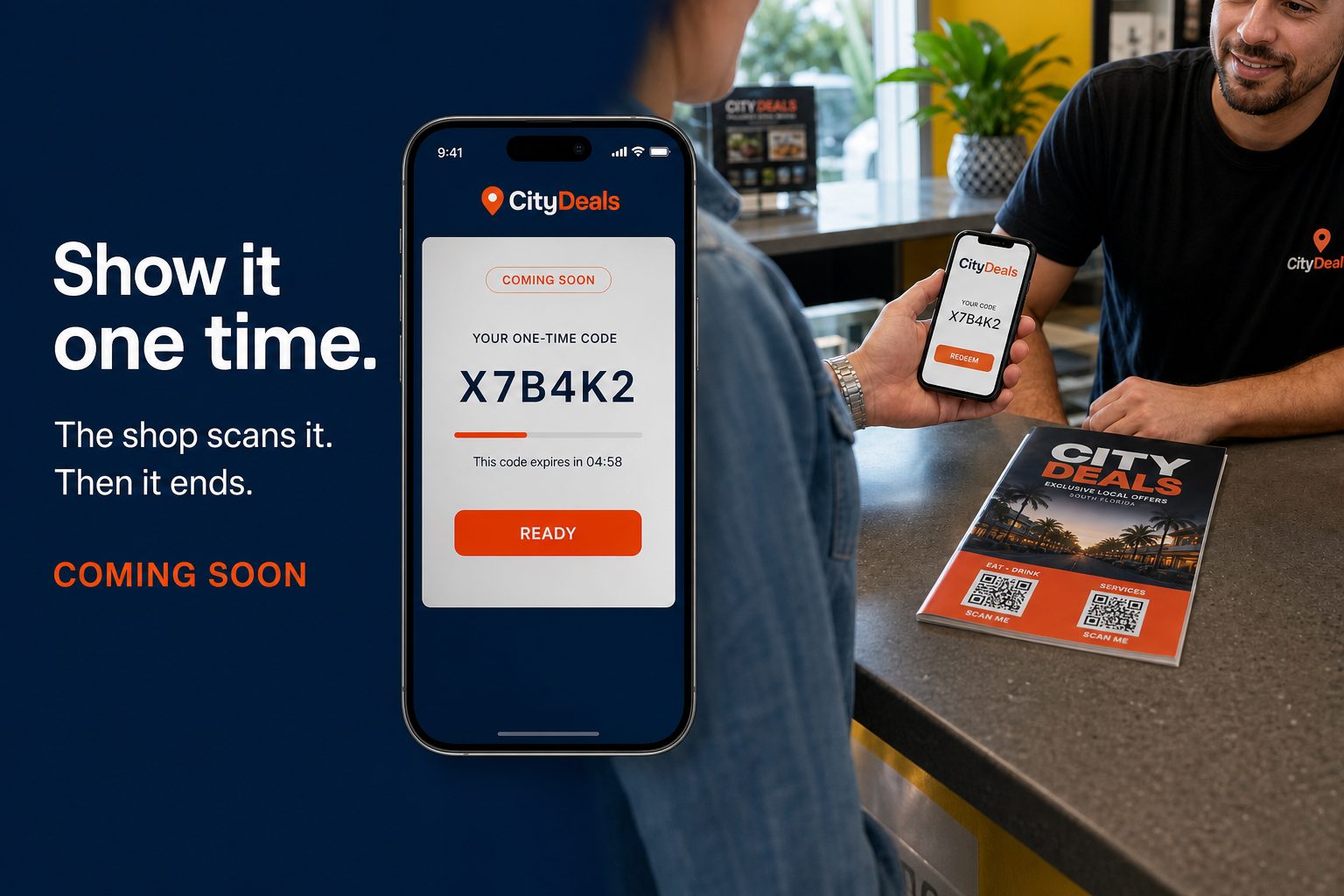 App Store cover: one-time code shown at the counter